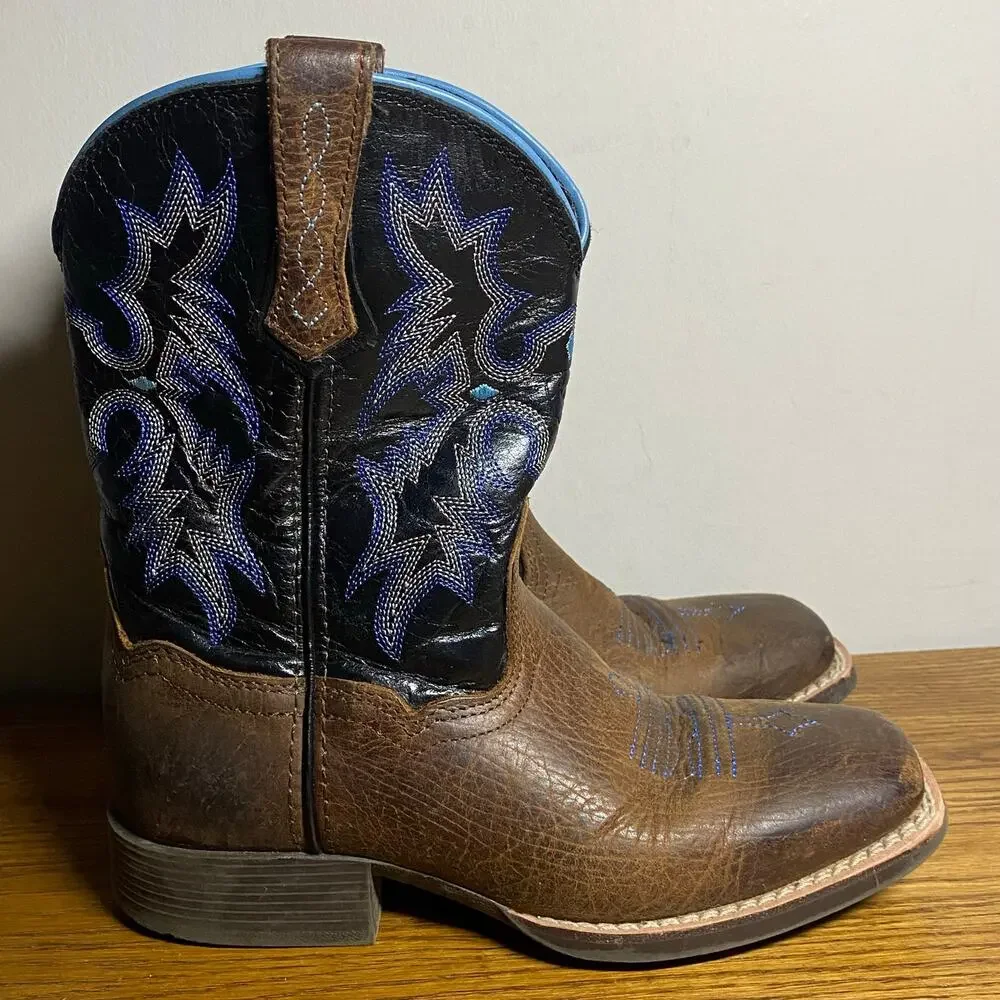 Ariat Tombstone Wide Square Toe Western Cowboy Boots Brown Blue Youth Boys Sz 1